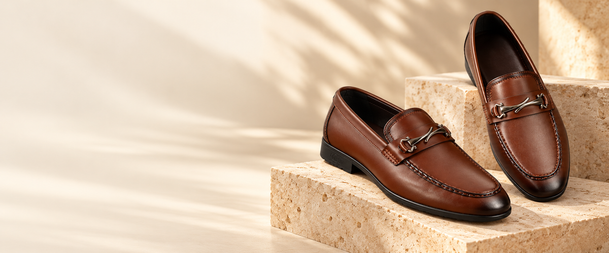 HushCat AA-2001 brown loafers on warm limestone — new arrivals campaign banner