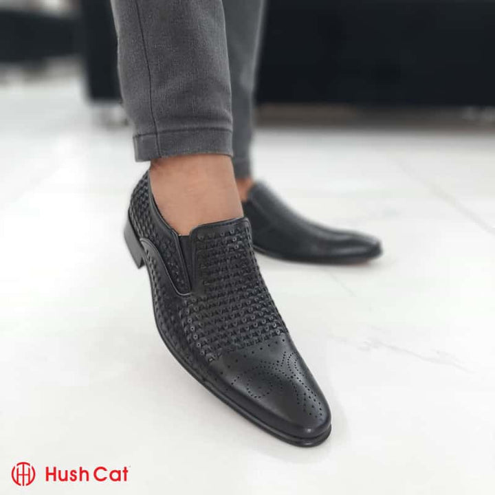 Hush Cat Black Breathable Hollow Round Toe Leather Shoes Formal