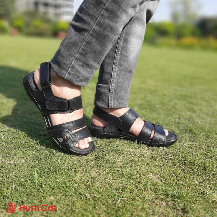 Mens Black Mild Leather Cross Sandal